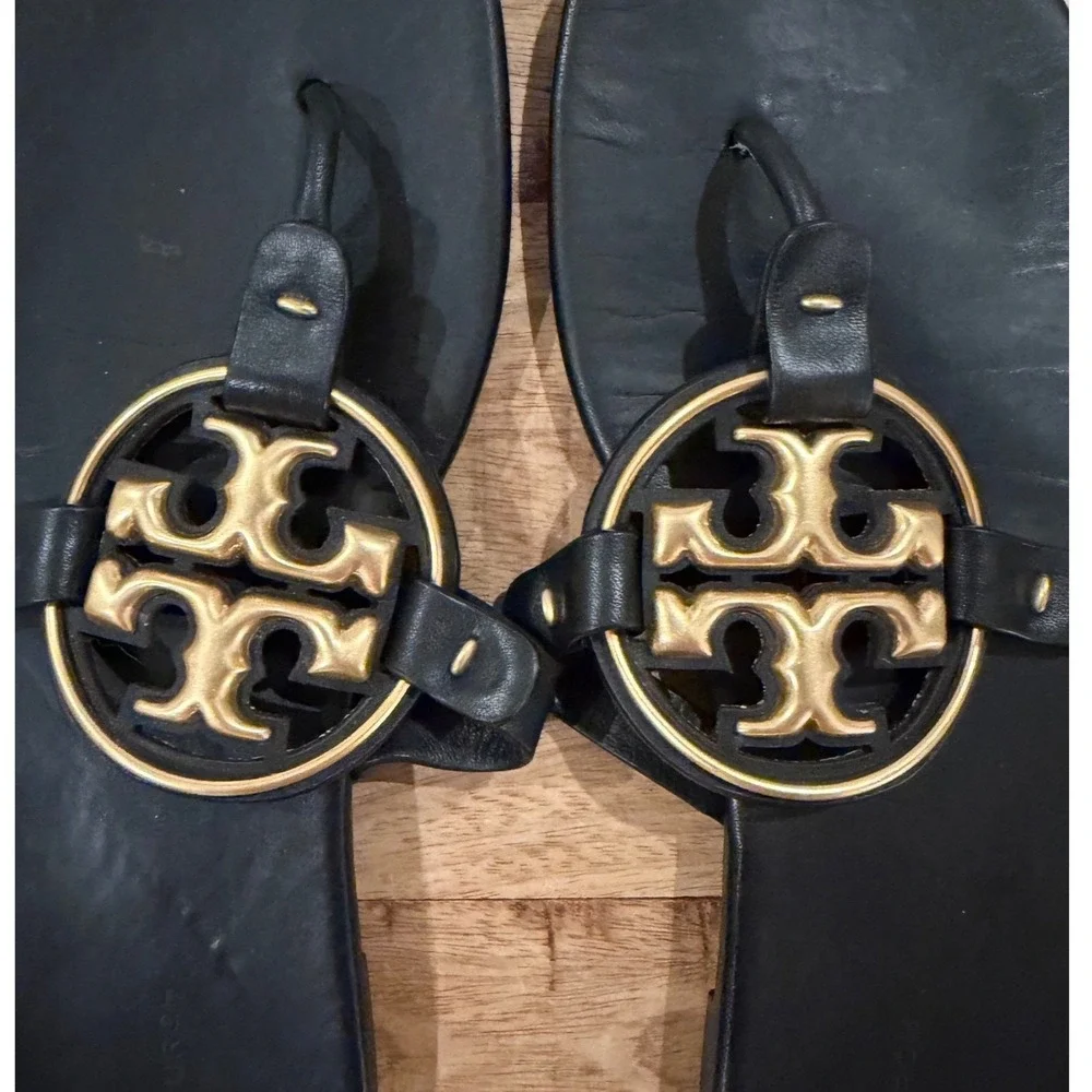 Tory Burch Metal Miller Sandal Black Leather Gold Logo Thong Flip Flop Womens 10